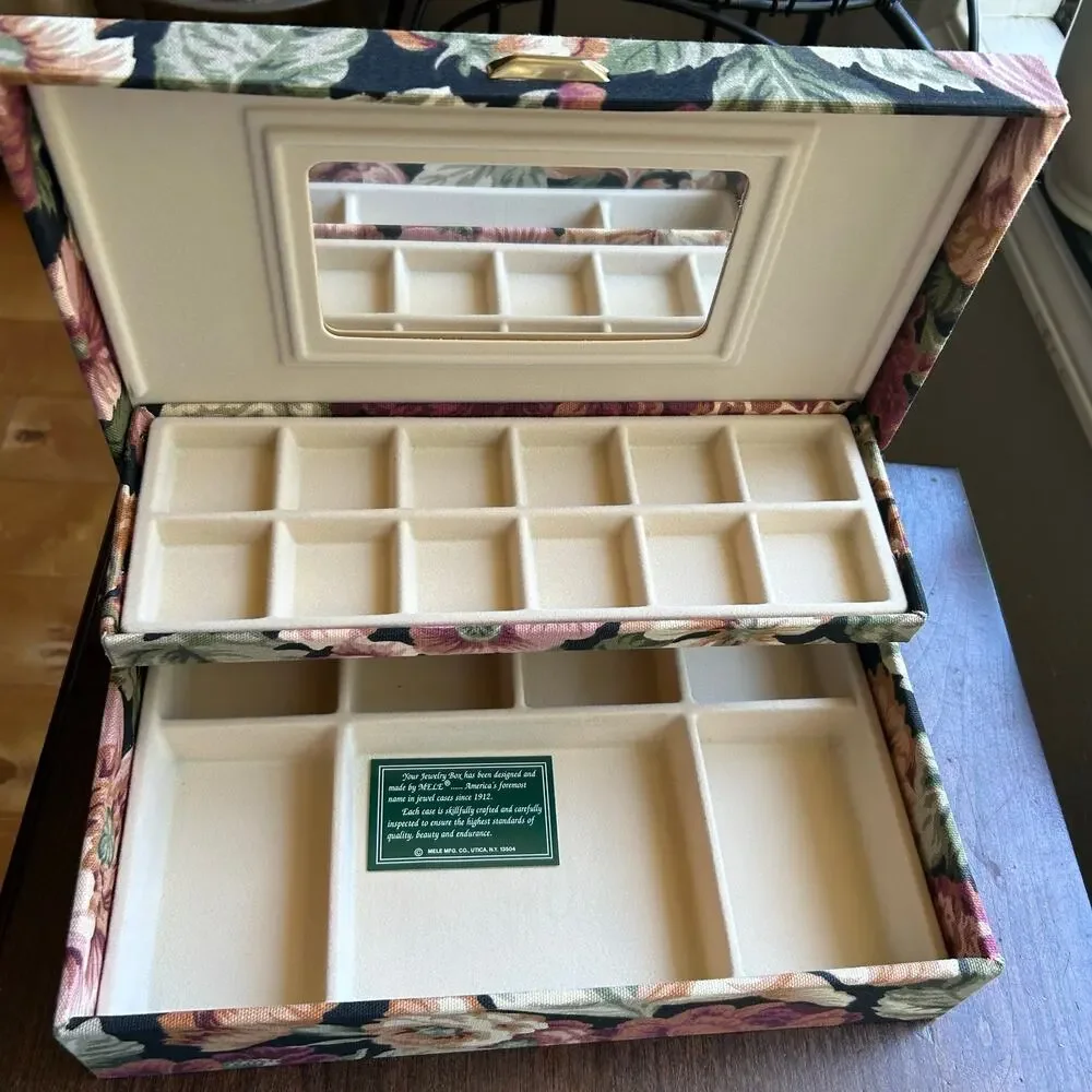 New! Mele Vintage Jewelry Box Pink Floral Fabric covered